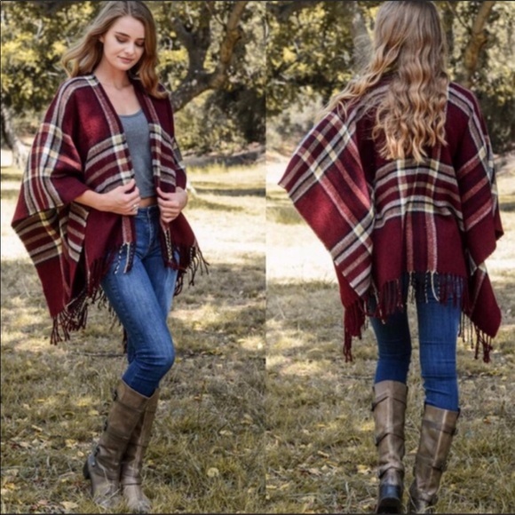 Plaid Open Sleeve Tassel Wrap Coverup Ruana Comfy - Picture 3 of 6